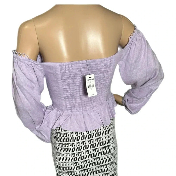 NWT Express Top Off The Shoulder Ruffle Corset Blouse Linen Blend Purple XS - Picture 7 of 11